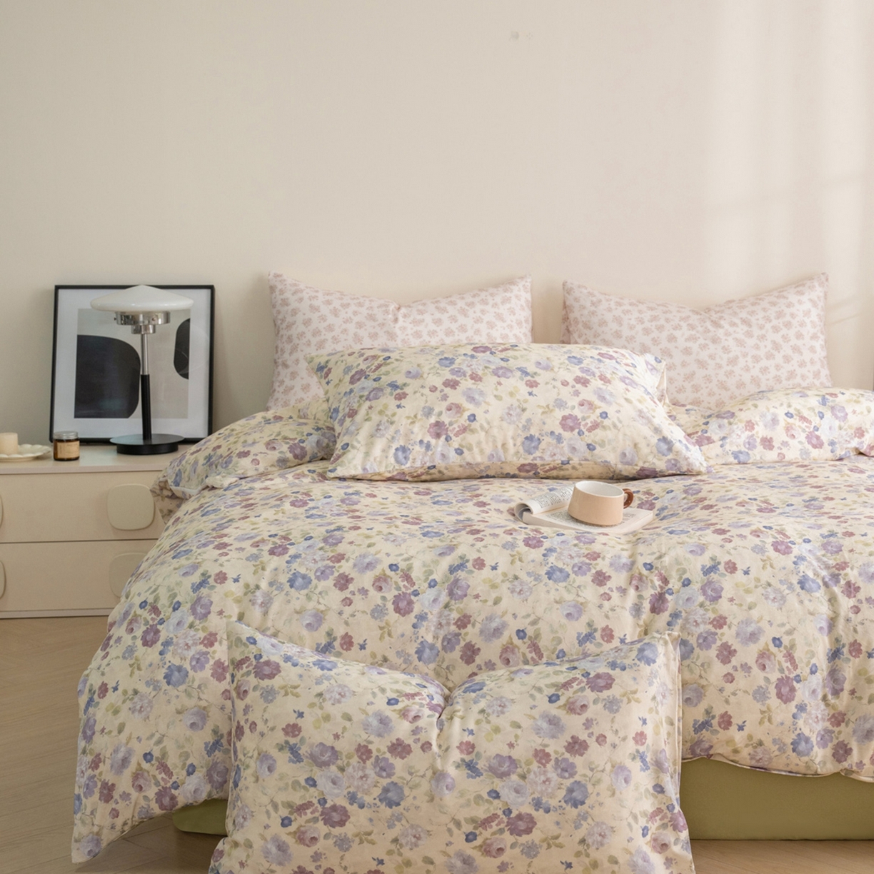 91家纺网 家纺一手货源 找家纺 梦可莱家居 2026春夏新款全棉纯棉针织棉印花小清新可爱Ins风四件套 知画