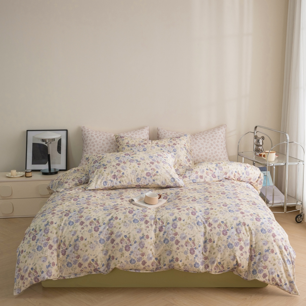 91家纺网 家纺一手货源 找家纺 梦可莱家居 2026春夏新款全棉纯棉针织棉印花小清新可爱Ins风四件套 知画