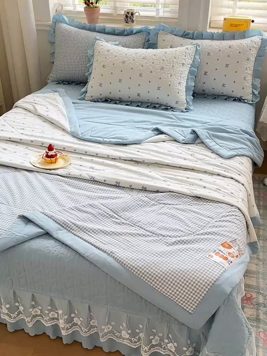 91家纺网 家纺一手货源 找家纺 雅眠居 2026直播爆款双层蕾丝花边夏被款床盖款四件套 AB版-彩格蓝