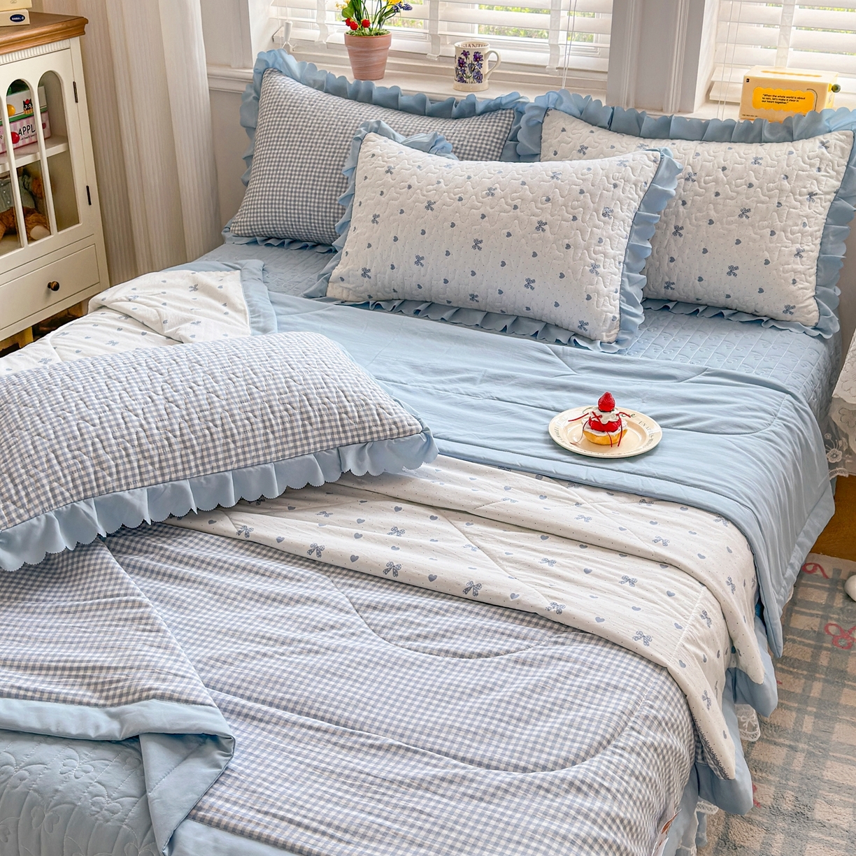 91家纺网 家纺一手货源 找家纺 雅眠居 2026直播爆款双层蕾丝花边夏被款床盖款四件套 AB版-彩格蓝