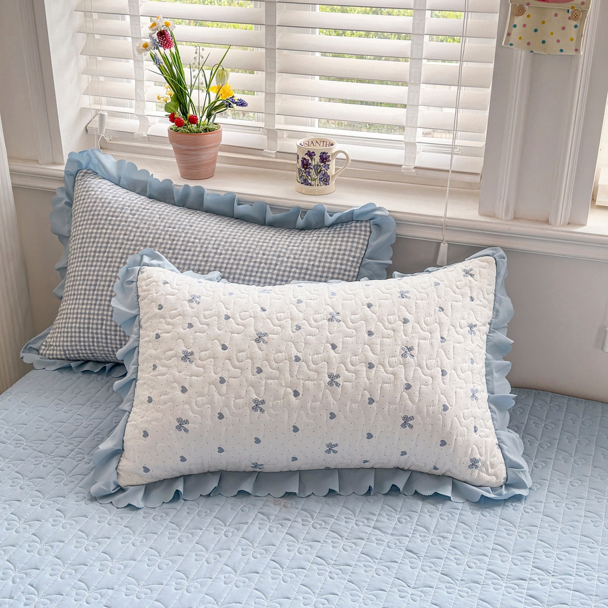 91家纺网 家纺一手货源 找家纺 雅眠居 2026直播爆款双层蕾丝花边夏被款床盖款四件套 AB版-彩格蓝