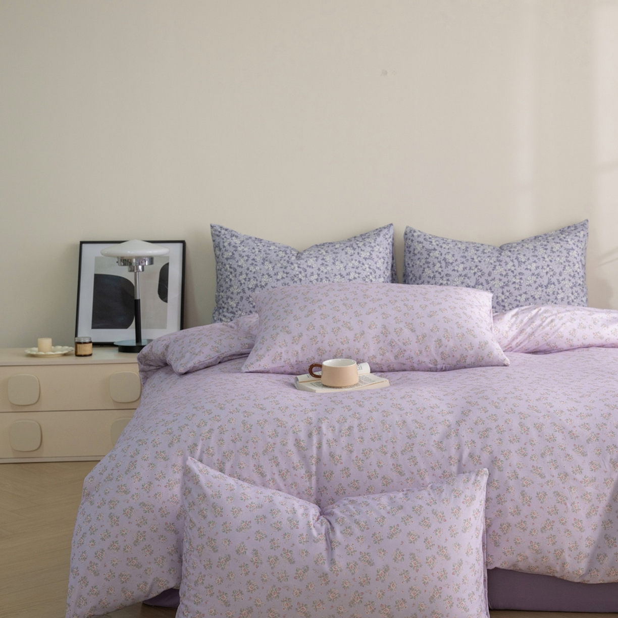 91家纺网 家纺一手货源 找家纺 梦可莱家居 2026春夏新款全棉纯棉针织棉印花小清新可爱Ins风四件套 紫薇