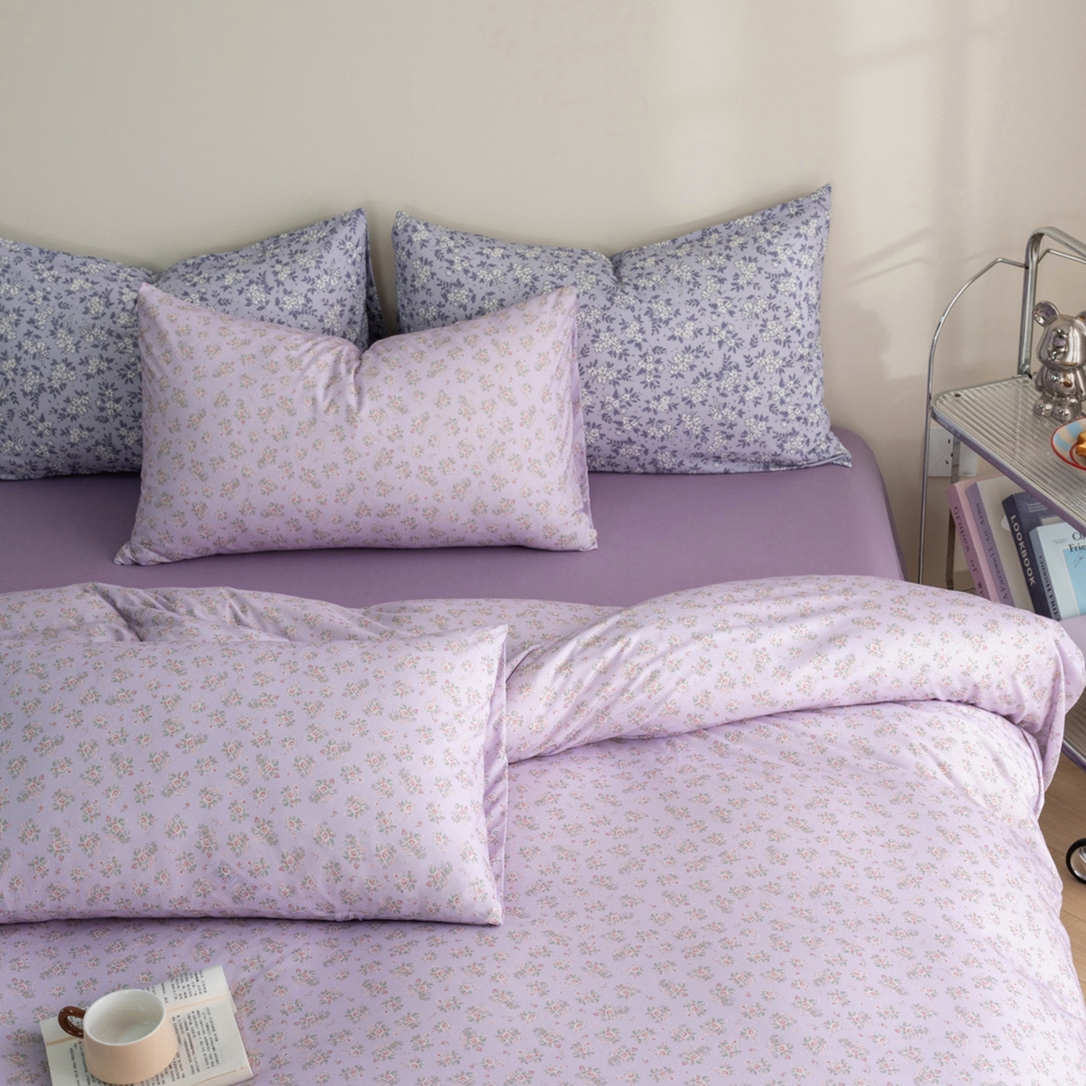 91家纺网 家纺一手货源 找家纺 梦可莱家居 2026春夏新款全棉纯棉针织棉印花小清新可爱Ins风四件套 紫薇