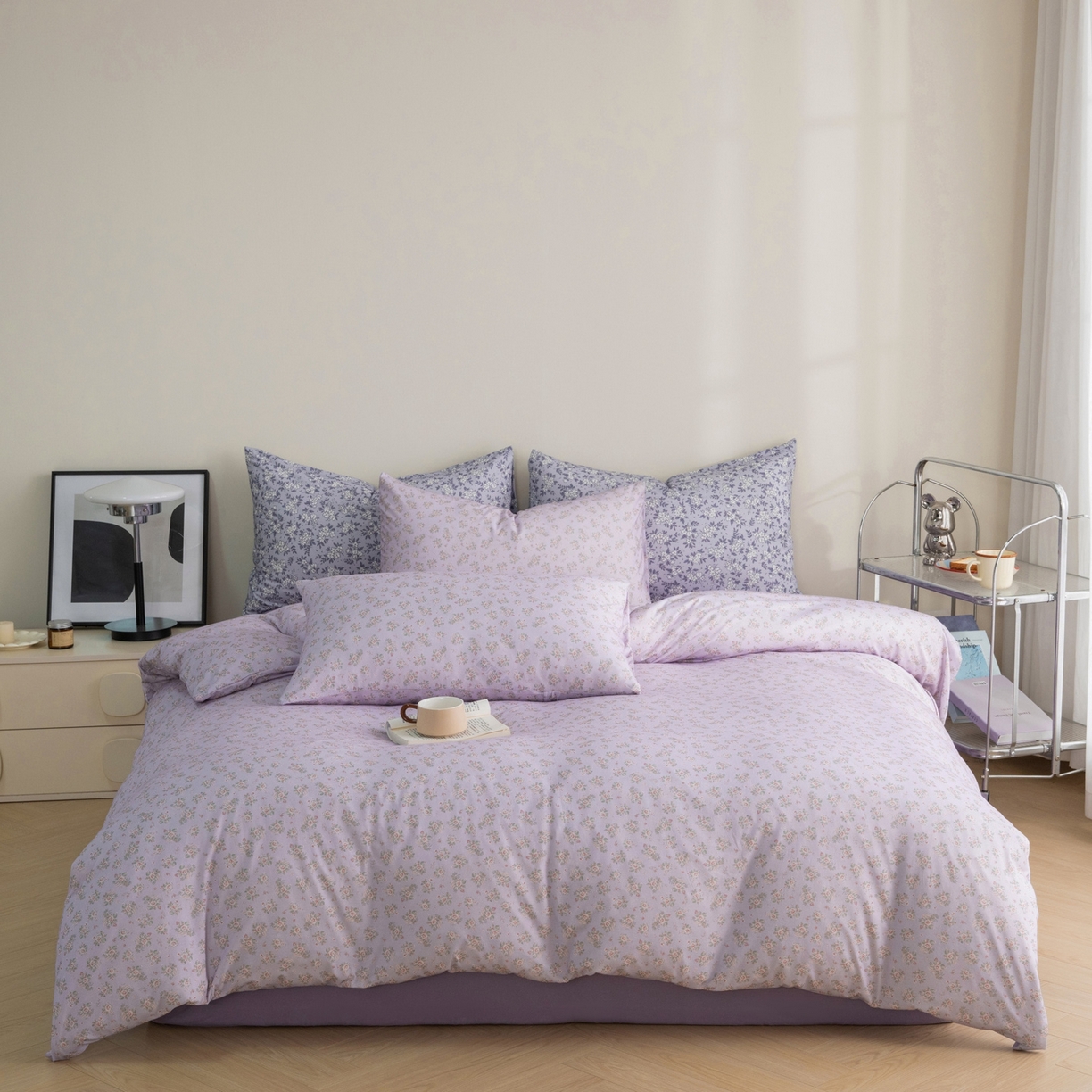 91家纺网 家纺一手货源 找家纺 梦可莱家居 2026春夏新款全棉纯棉针织棉印花小清新可爱Ins风四件套 紫薇