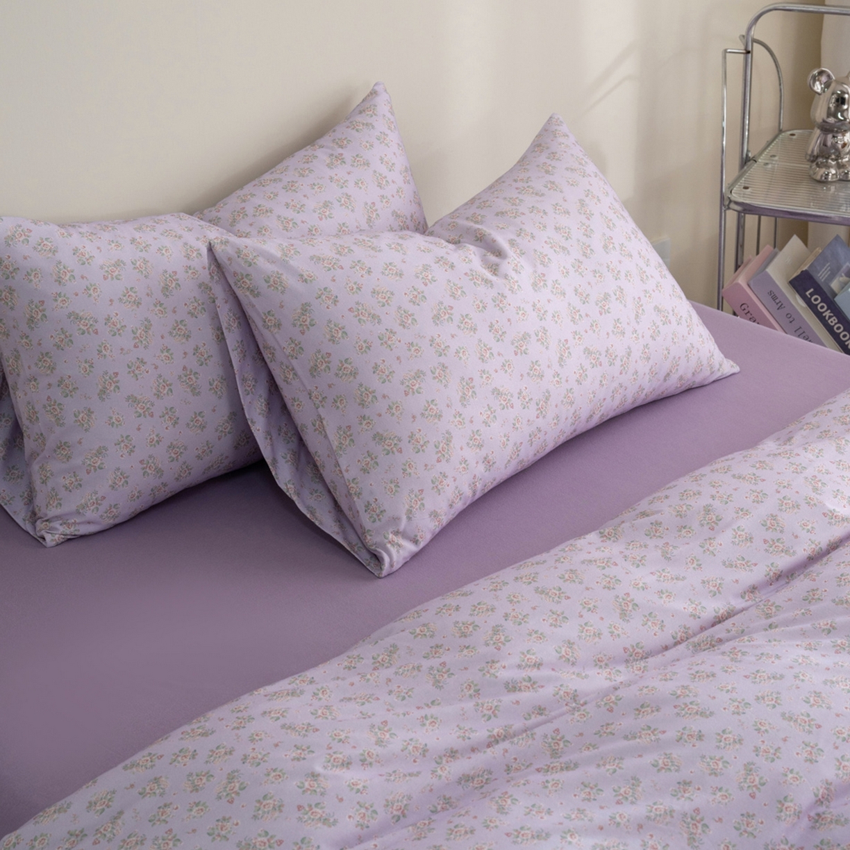 91家纺网 家纺一手货源 找家纺 梦可莱家居 2026春夏新款全棉纯棉针织棉印花小清新可爱Ins风四件套 紫薇