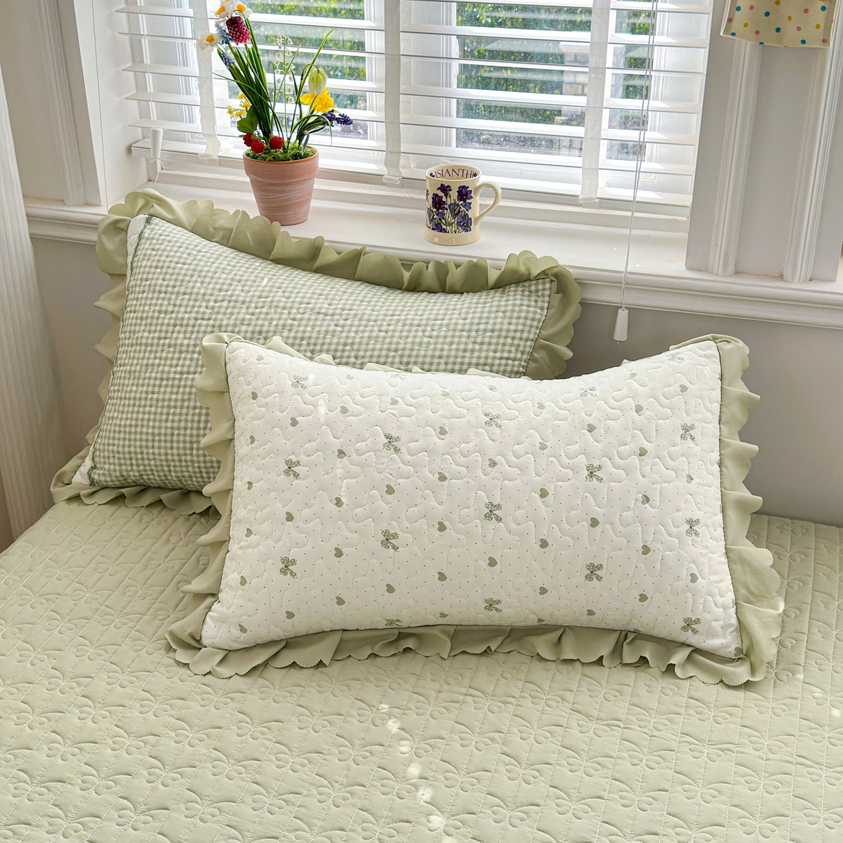 91家纺网 家纺一手货源 找家纺 雅眠居 2026直播爆款双层蕾丝花边夏被款床盖款四件套 AB版-彩格绿