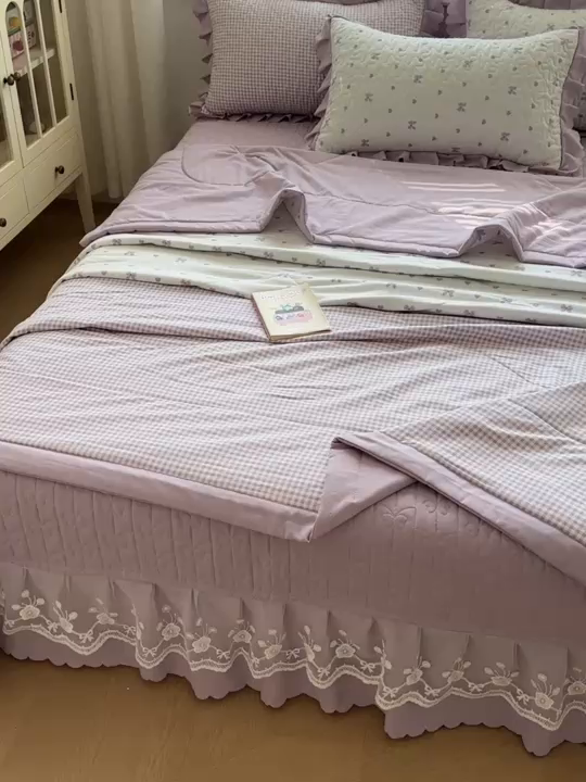 91家纺网 家纺一手货源 找家纺 雅眠居 2026直播爆款双层蕾丝花边夏被款床盖款四件套 AB版-彩格紫