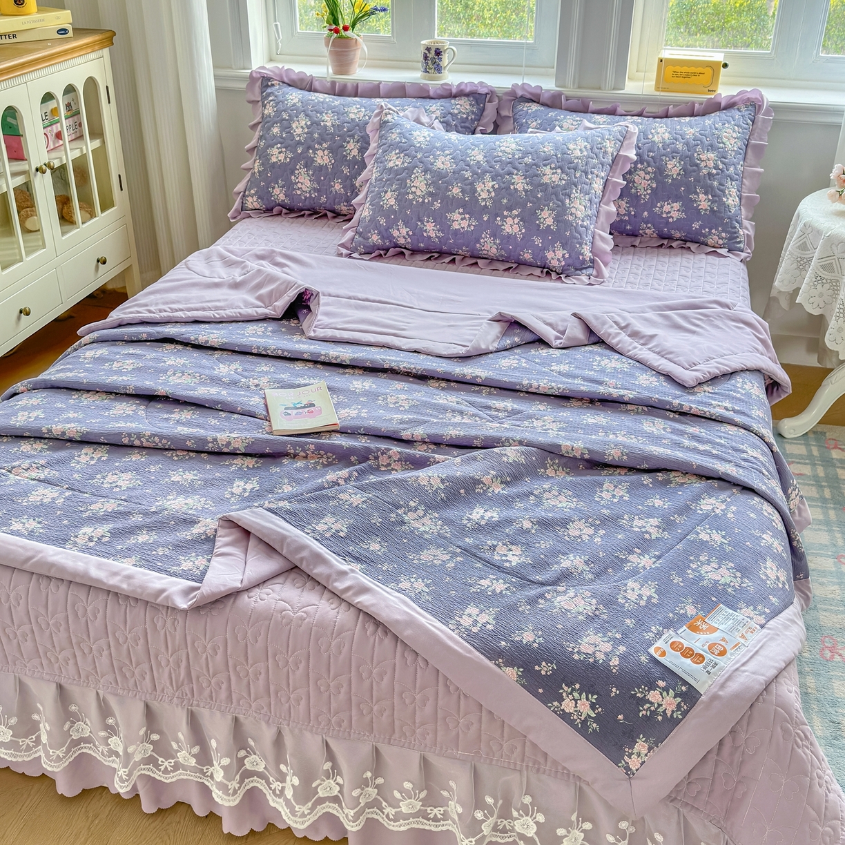 91家纺网 家纺一手货源 找家纺 雅眠居 2026直播爆款双层蕾丝花边夏被款床盖款四件套 AB版-豆蔻