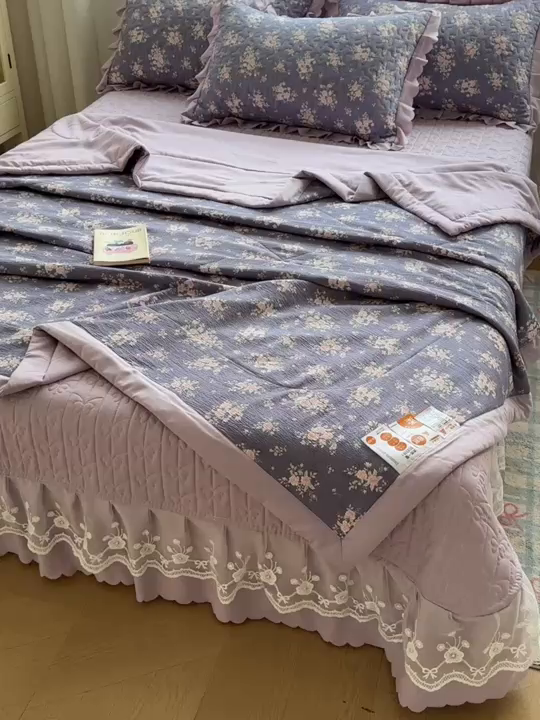 91家纺网 家纺一手货源 找家纺 雅眠居 2026直播爆款双层蕾丝花边夏被款床盖款四件套 AB版-豆蔻