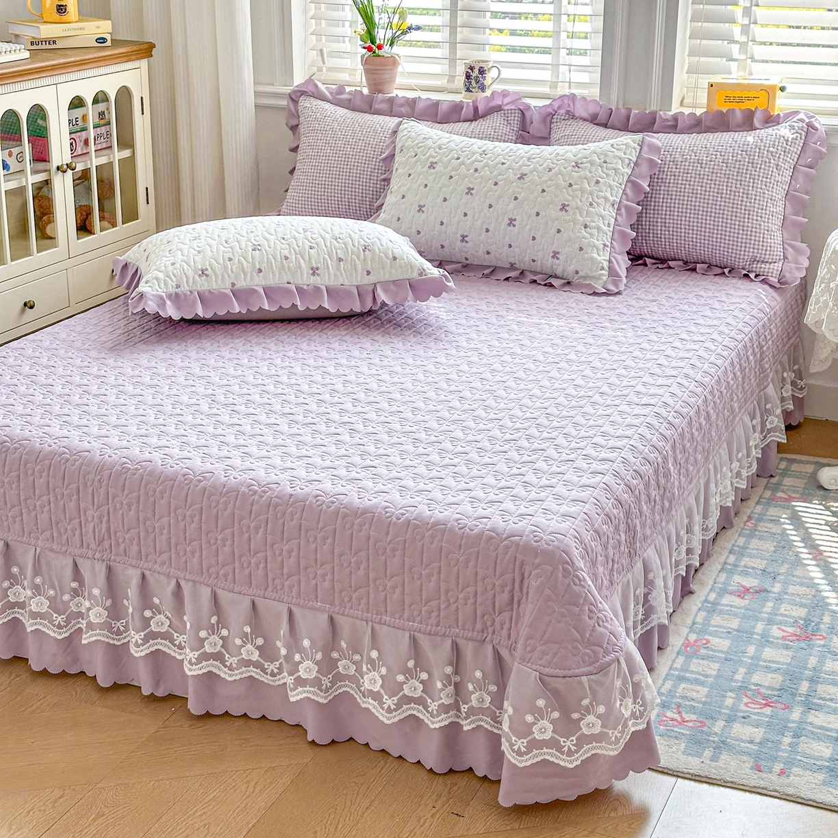 91家纺网 家纺一手货源 找家纺 雅眠居 2026直播爆款双层蕾丝花边夏被款床盖款四件套 AB版-彩格紫