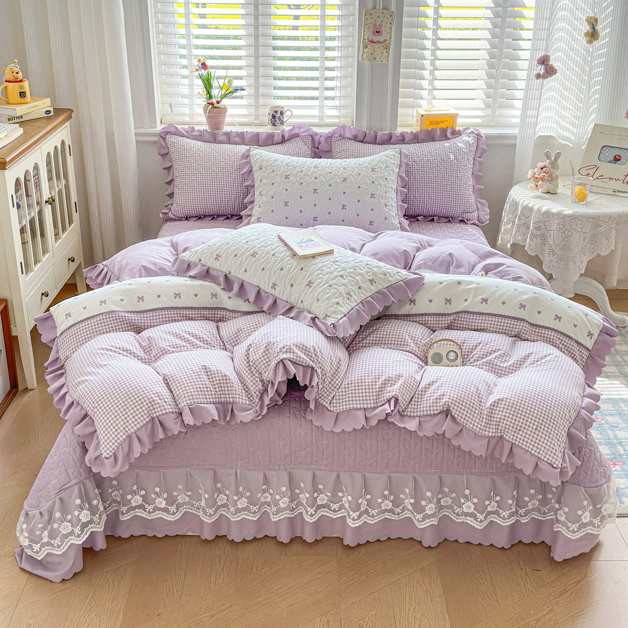 91家纺网 家纺一手货源 找家纺 雅眠居 2026直播爆款双层蕾丝花边夏被款床盖款四件套 AB版-彩格紫