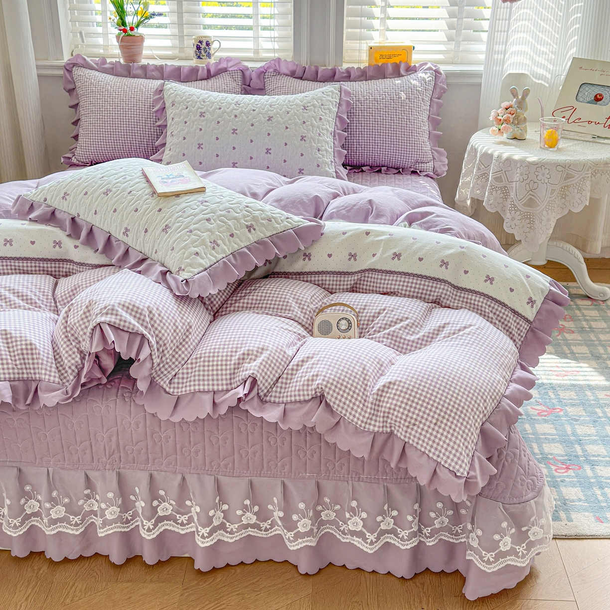 91家纺网 家纺一手货源 找家纺 雅眠居 2026直播爆款双层蕾丝花边夏被款床盖款四件套 AB版-彩格紫