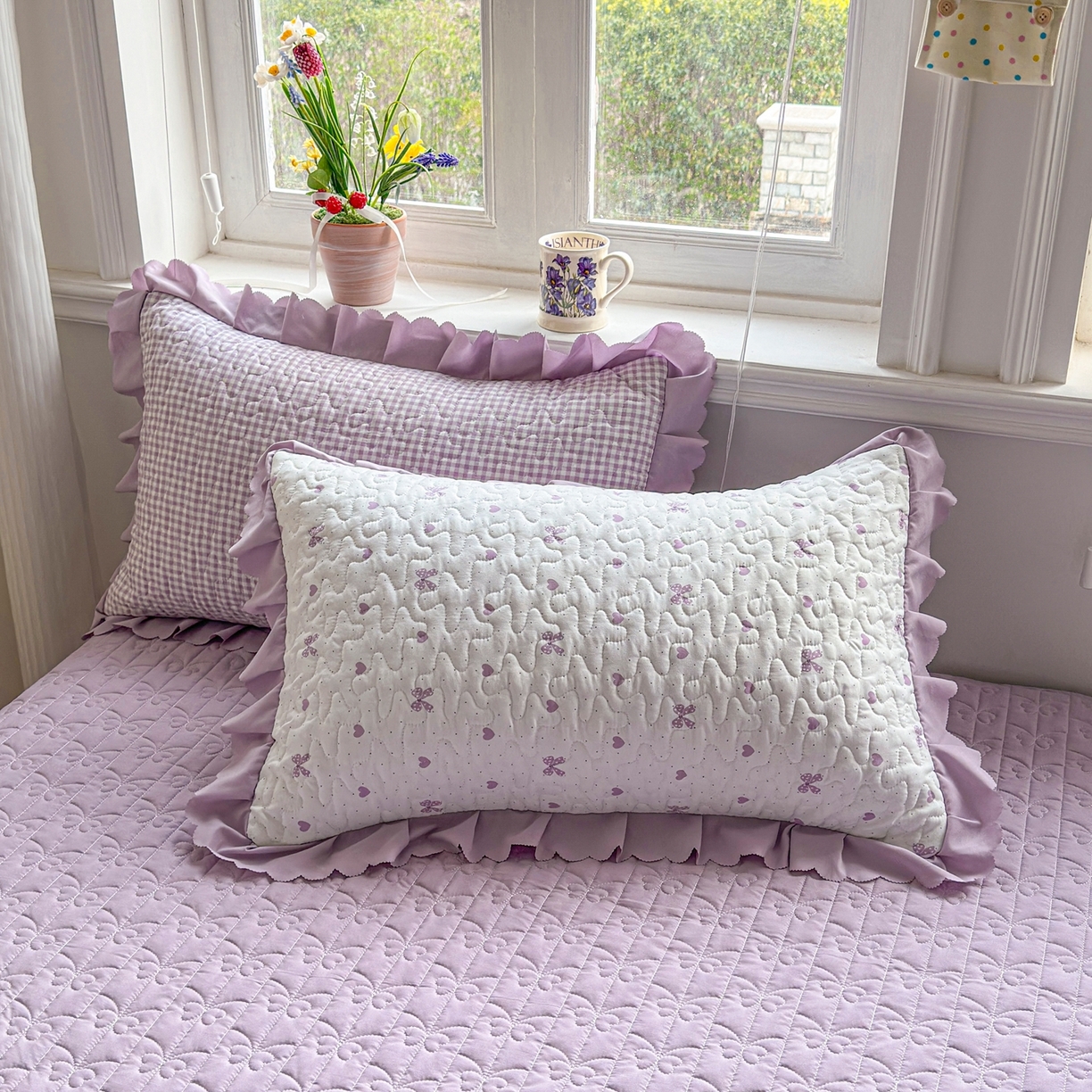 91家纺网 家纺一手货源 找家纺 雅眠居 2026直播爆款双层蕾丝花边夏被款床盖款四件套 AB版-彩格紫