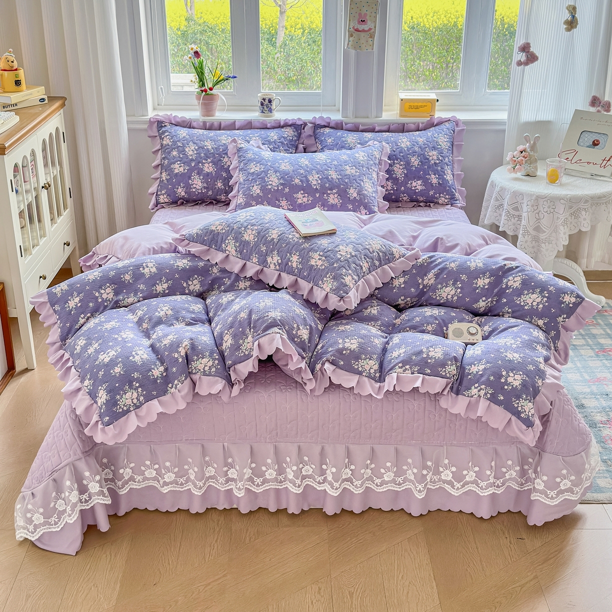 91家纺网 家纺一手货源 找家纺 雅眠居 2026直播爆款双层蕾丝花边夏被款床盖款四件套 AB版-豆蔻