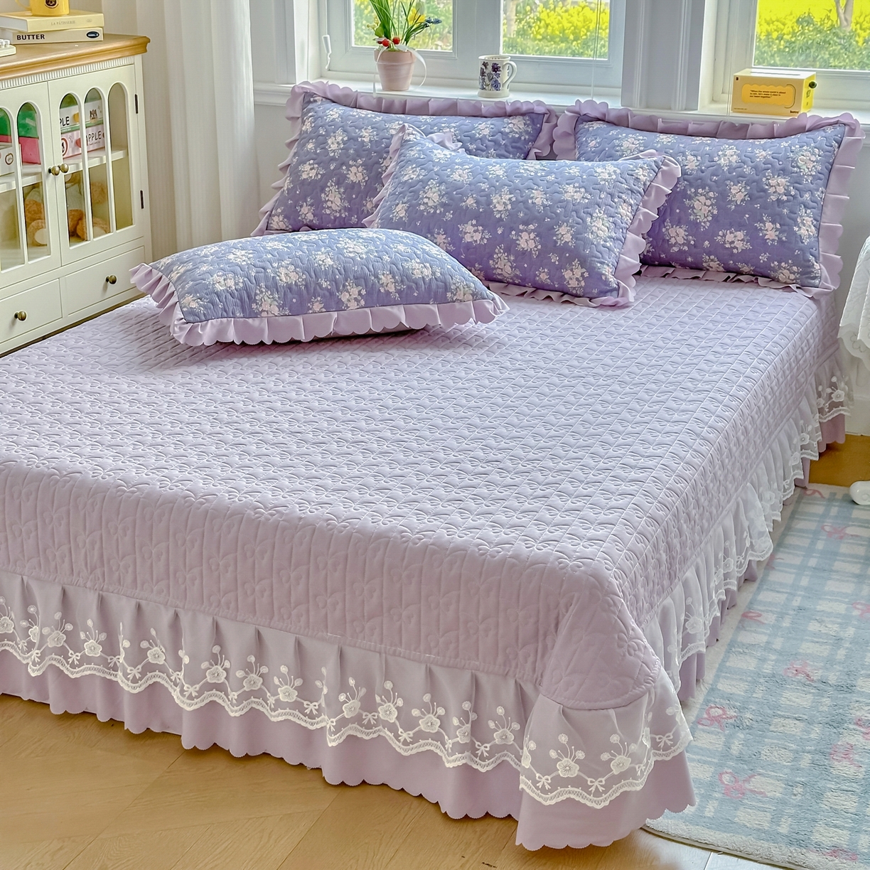 91家纺网 家纺一手货源 找家纺 雅眠居 2026直播爆款双层蕾丝花边夏被款床盖款四件套 AB版-豆蔻