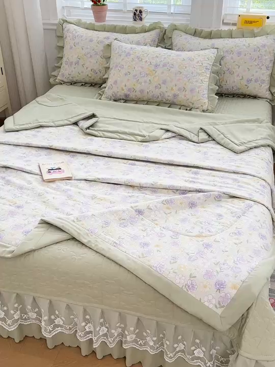 91家纺网 家纺一手货源 找家纺 雅眠居 2026直播爆款双层蕾丝花边夏被款床盖款四件套 AB版-花海