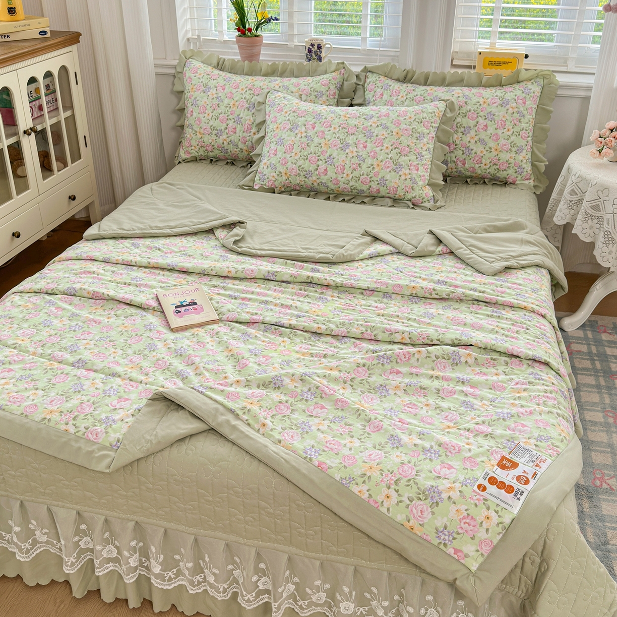 91家纺网 家纺一手货源 找家纺 雅眠居 2026直播爆款双层蕾丝花边夏被款床盖款四件套 AB版-花海