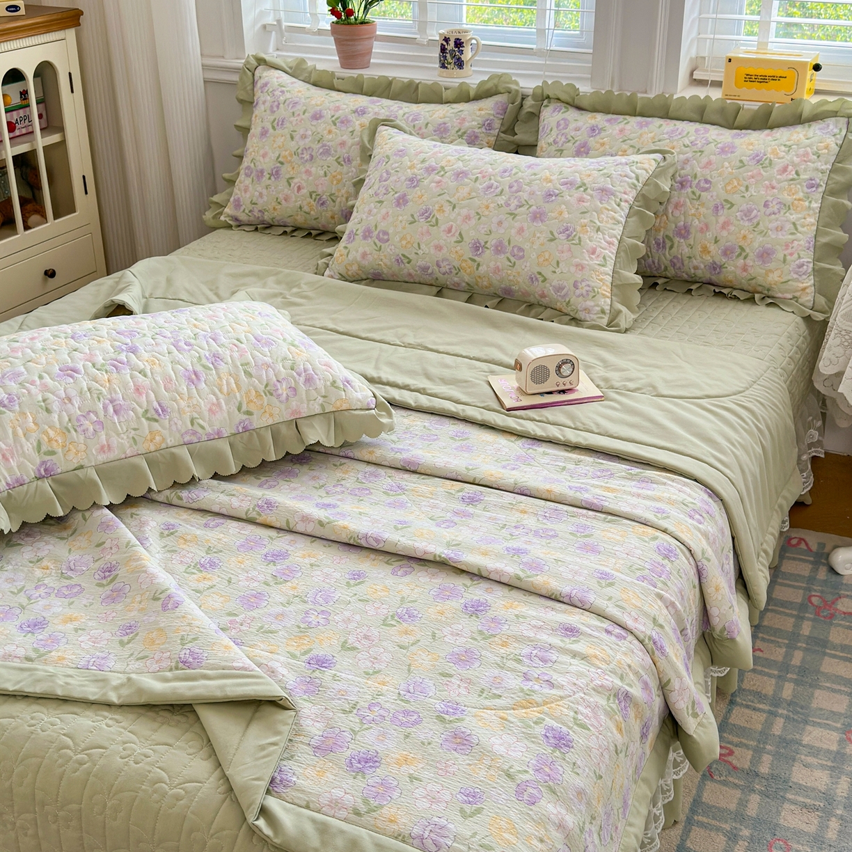 91家纺网 家纺一手货源 找家纺 雅眠居 2026直播爆款双层蕾丝花边夏被款床盖款四件套 AB版-花海