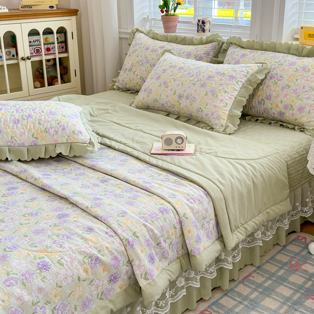 91家纺网 家纺一手货源 找家纺 雅眠居 2026直播爆款双层蕾丝花边夏被款床盖款四件套 AB版-花海