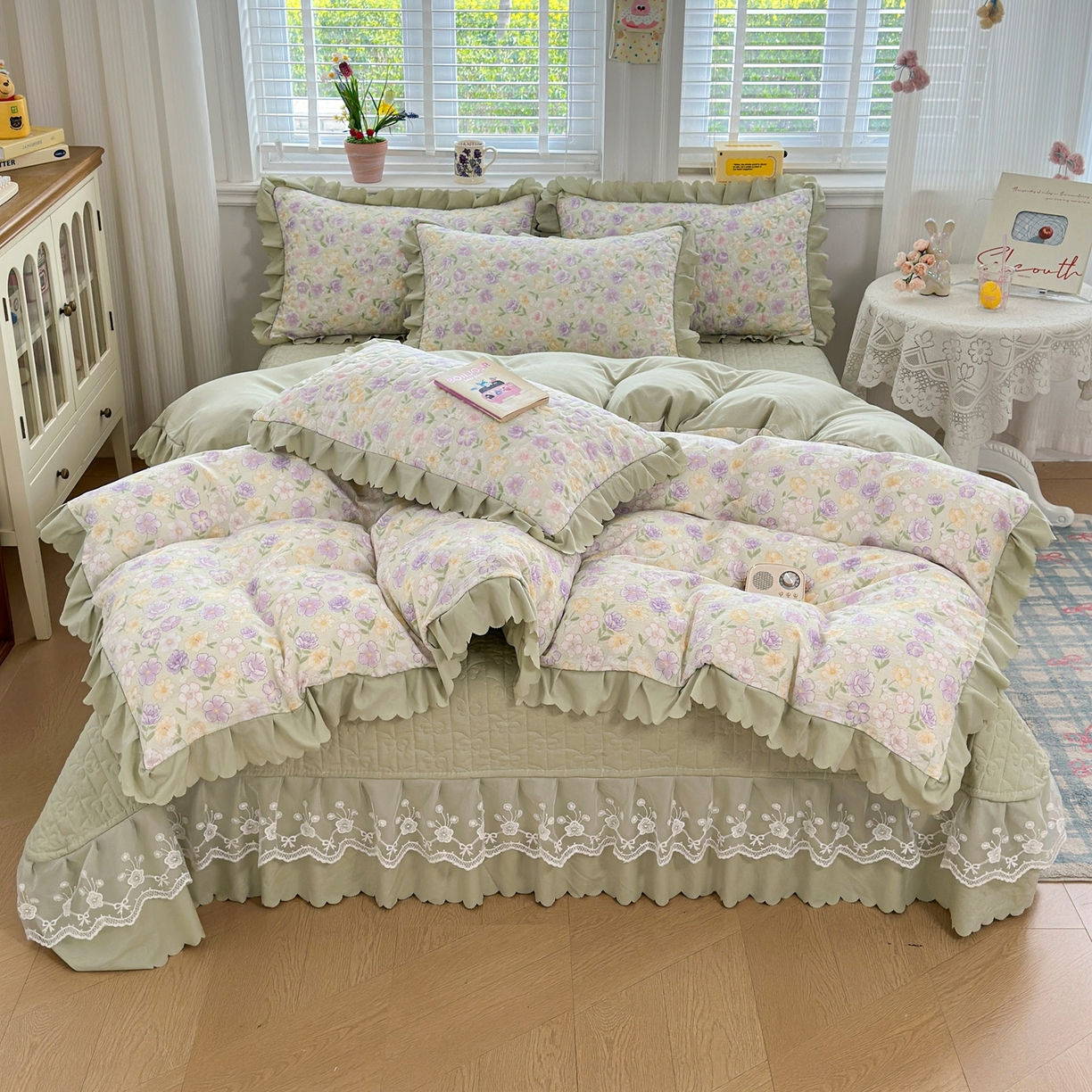 91家纺网 家纺一手货源 找家纺 雅眠居 2026直播爆款双层蕾丝花边夏被款床盖款四件套 AB版-花海