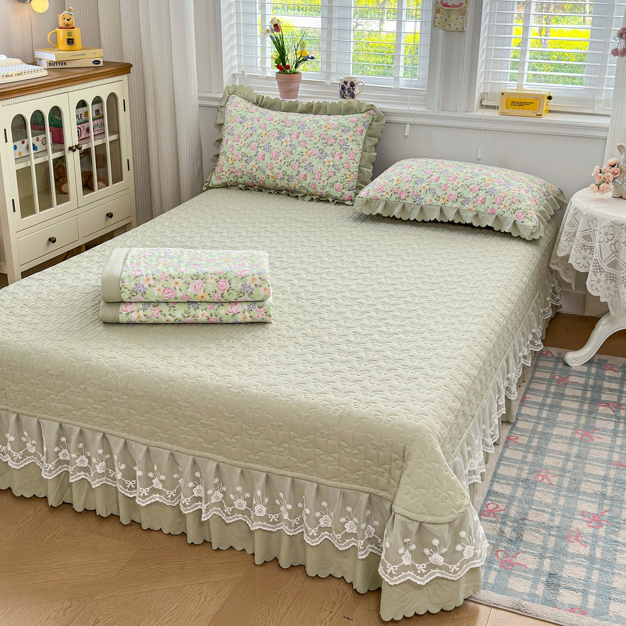 91家纺网 家纺一手货源 找家纺 雅眠居 2026直播爆款双层蕾丝花边夏被款床盖款四件套 AB版-花海