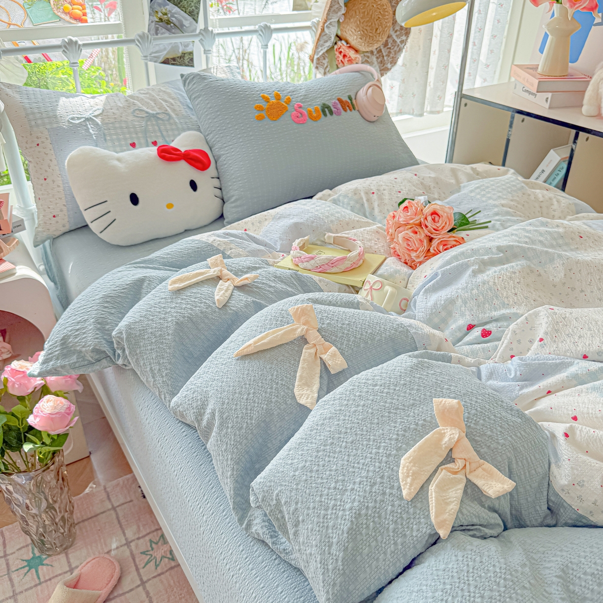 91家纺网 家纺一手货源 找家纺 （总）子钦家纺 2026春夏新款提花泡芙面热款手工蝴蝶结系列四件套