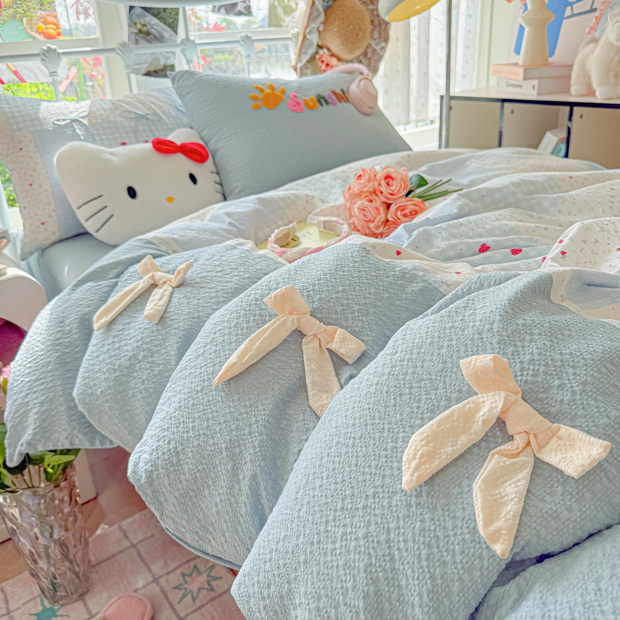 91家纺网 家纺一手货源 找家纺 （总）子钦家纺 2026春夏新款提花泡芙面热款手工蝴蝶结系列四件套