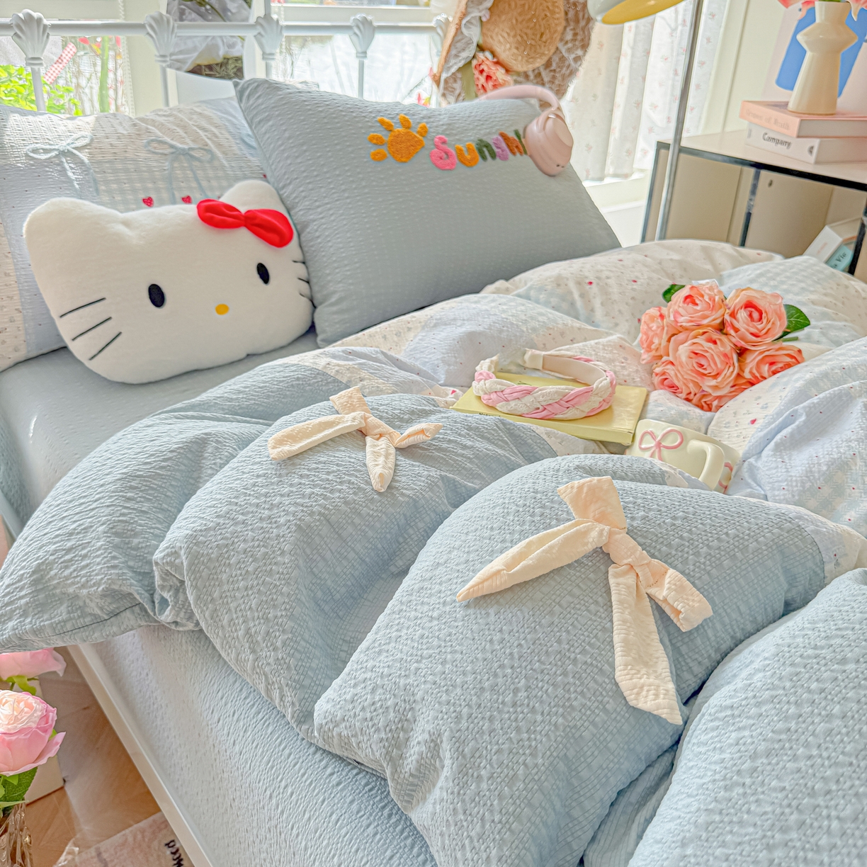 91家纺网 家纺一手货源 找家纺 （总）子钦家纺 2026春夏新款提花泡芙面热款手工蝴蝶结系列四件套