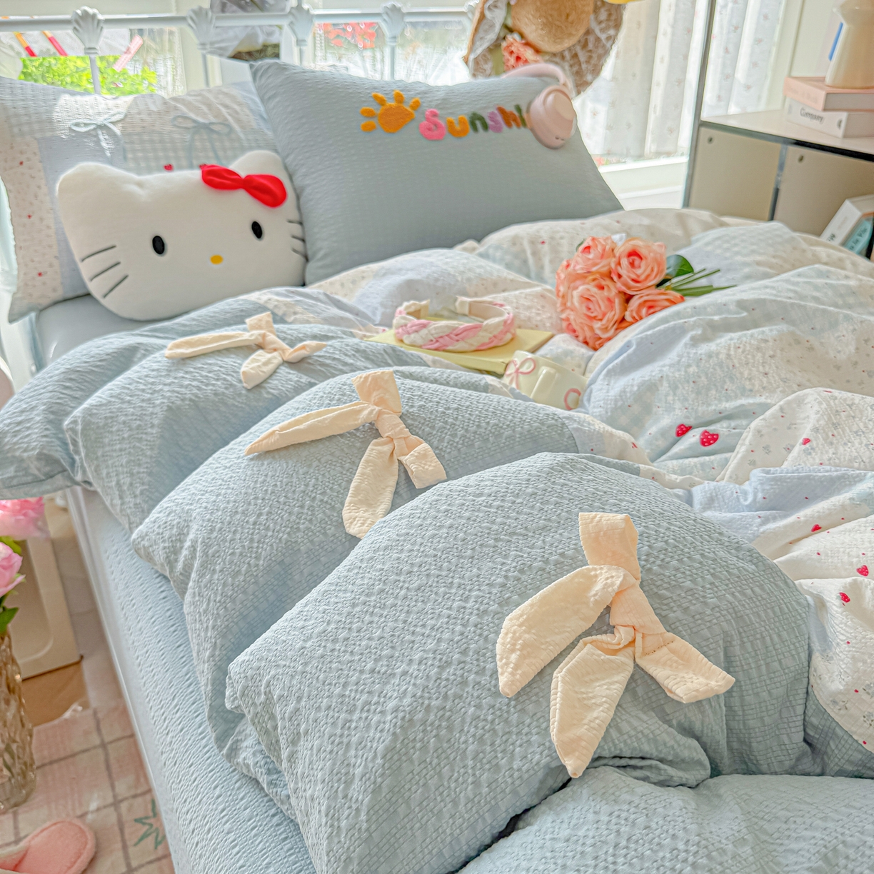 91家纺网 家纺一手货源 找家纺 （总）子钦家纺 2026春夏新款提花泡芙面热款手工蝴蝶结系列四件套