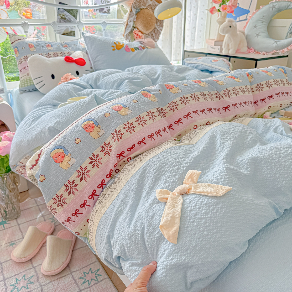 91家纺网 家纺一手货源 找家纺 （总）子钦家纺 2026春夏新款提花泡芙面热款手工蝴蝶结系列四件套