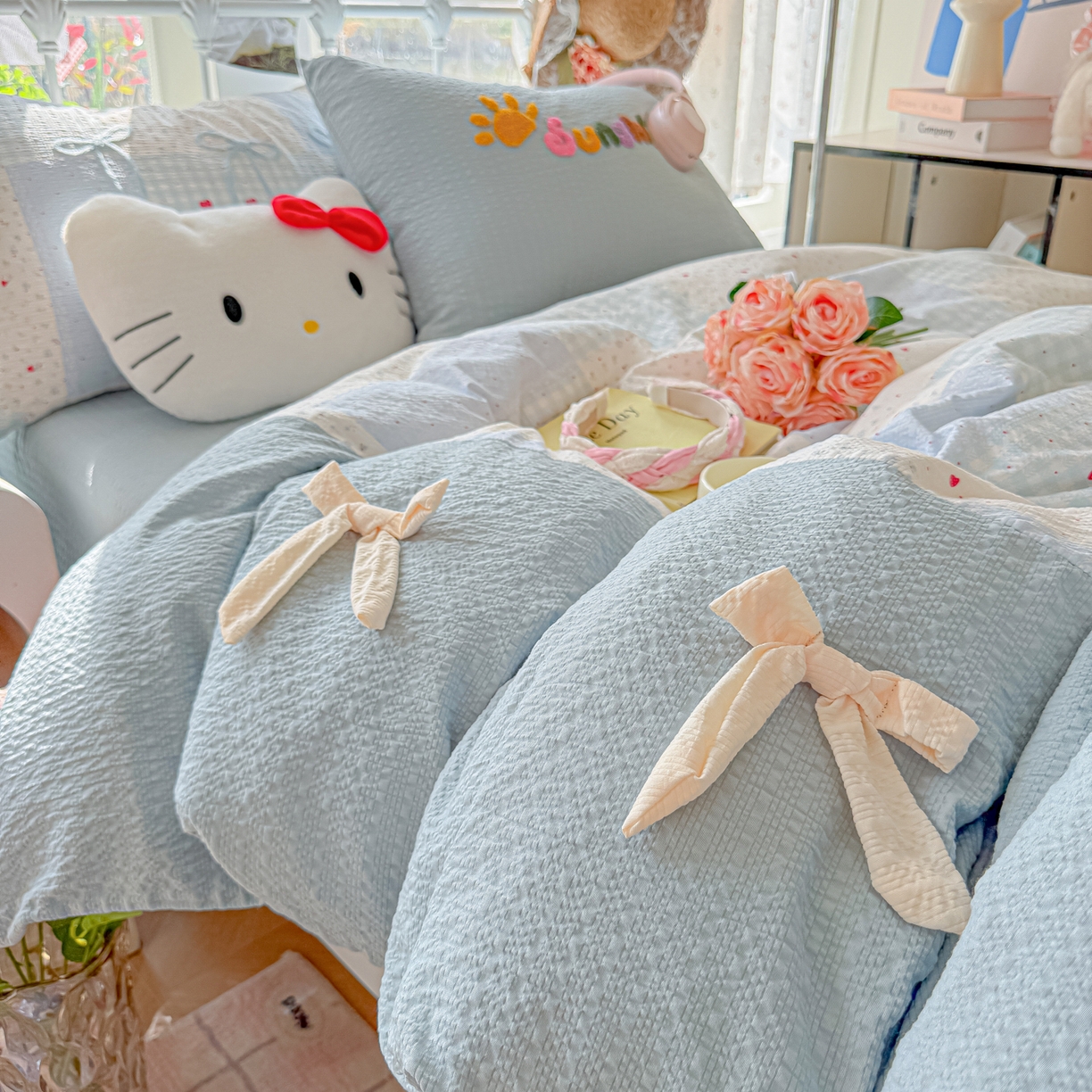 91家纺网 家纺一手货源 找家纺 （总）子钦家纺 2026春夏新款提花泡芙面热款手工蝴蝶结系列四件套