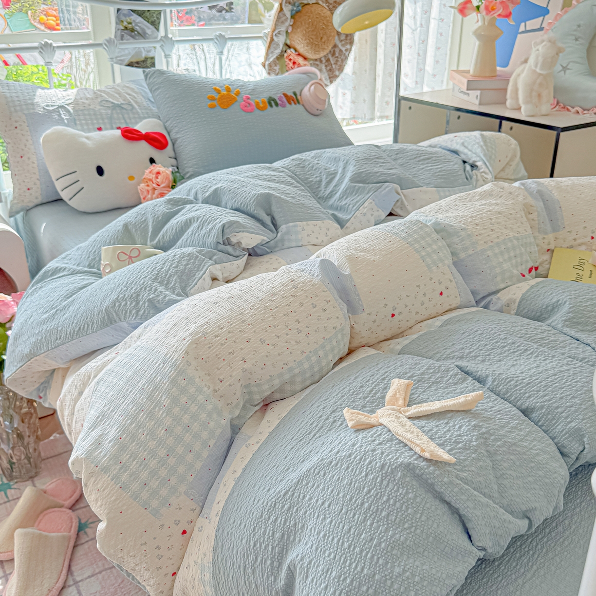 91家纺网 家纺一手货源 找家纺 （总）子钦家纺 2026春夏新款提花泡芙面热款手工蝴蝶结系列四件套