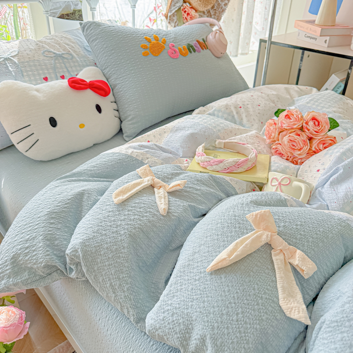 91家纺网 家纺一手货源 找家纺 （总）子钦家纺 2026春夏新款提花泡芙面热款手工蝴蝶结系列四件套