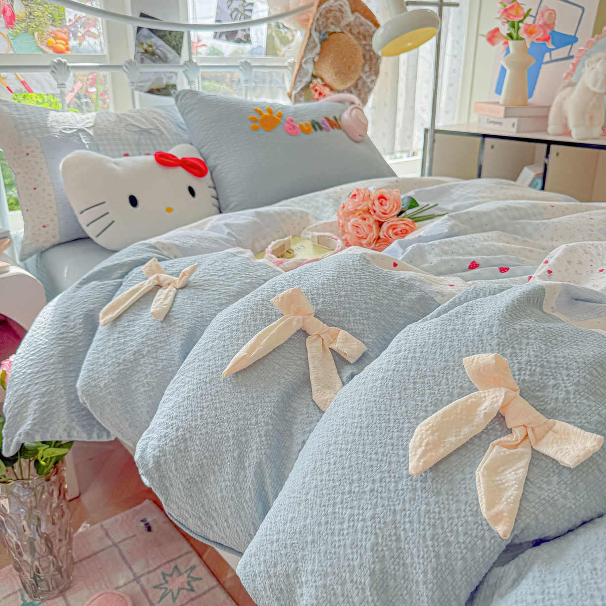 91家纺网 家纺一手货源 找家纺 （总）子钦家纺 2026春夏新款提花泡芙面热款手工蝴蝶结系列四件套