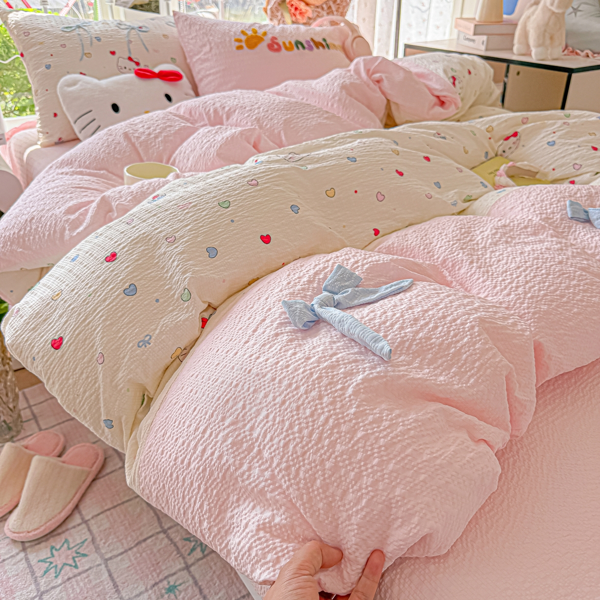 91家纺网 家纺一手货源 找家纺 （总）子钦家纺 2026春夏新款提花泡芙面热款手工蝴蝶结系列四件套