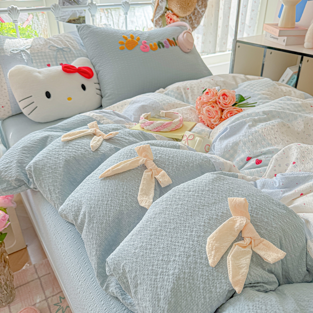 91家纺网 家纺一手货源 找家纺 （总）子钦家纺 2026春夏新款提花泡芙面热款手工蝴蝶结系列四件套