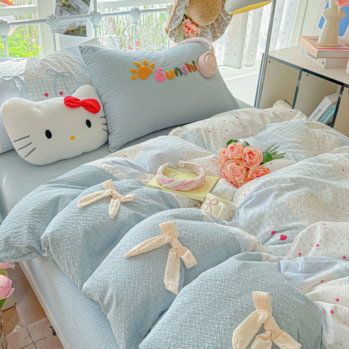 91家纺网 家纺一手货源 找家纺 （总）子钦家纺 2026春夏新款提花泡芙面热款手工蝴蝶结系列四件套