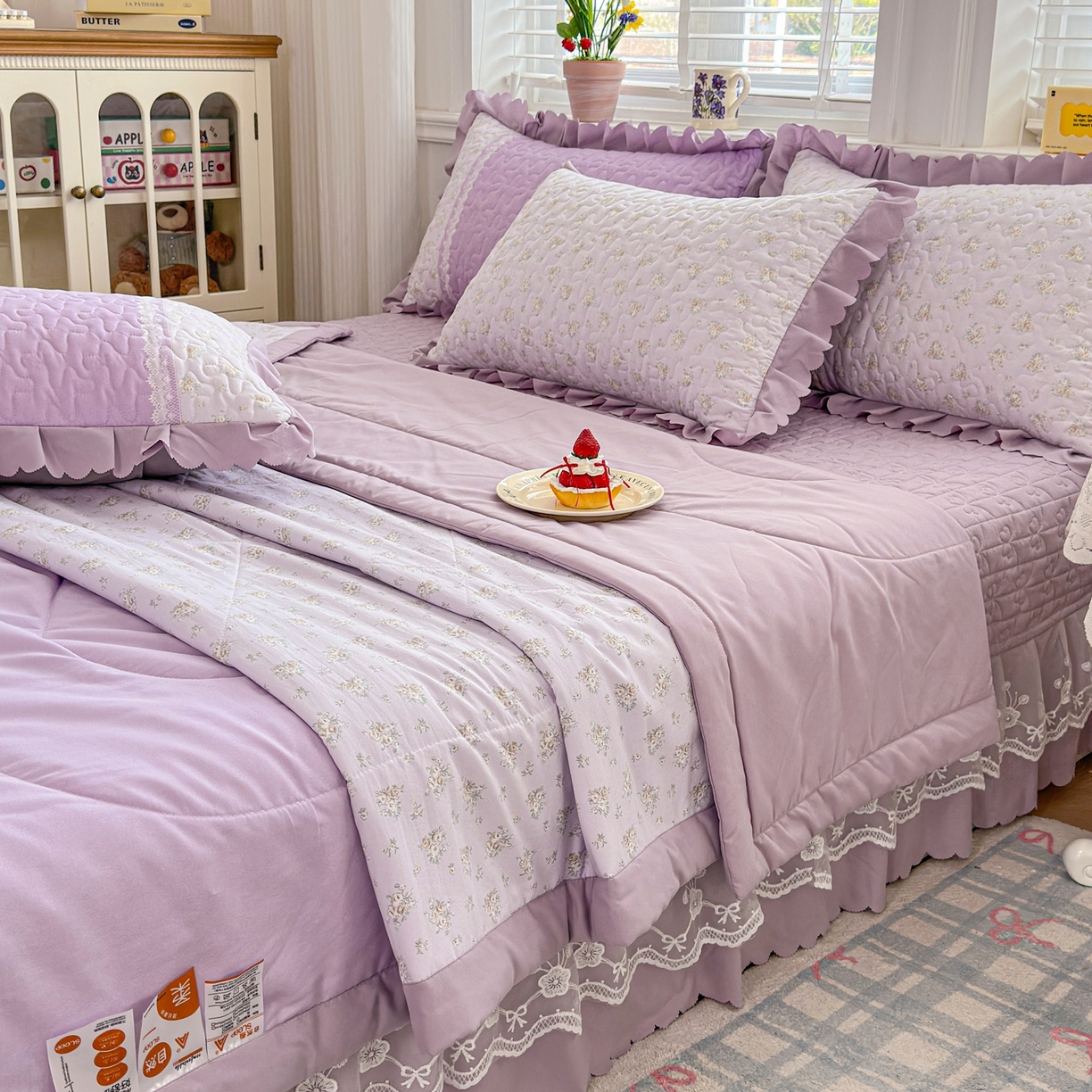 91家纺网 家纺一手货源 找家纺 雅眠居 2026直播爆款双层蕾丝花边夏被款床盖款四件套 AB版-秘境紫