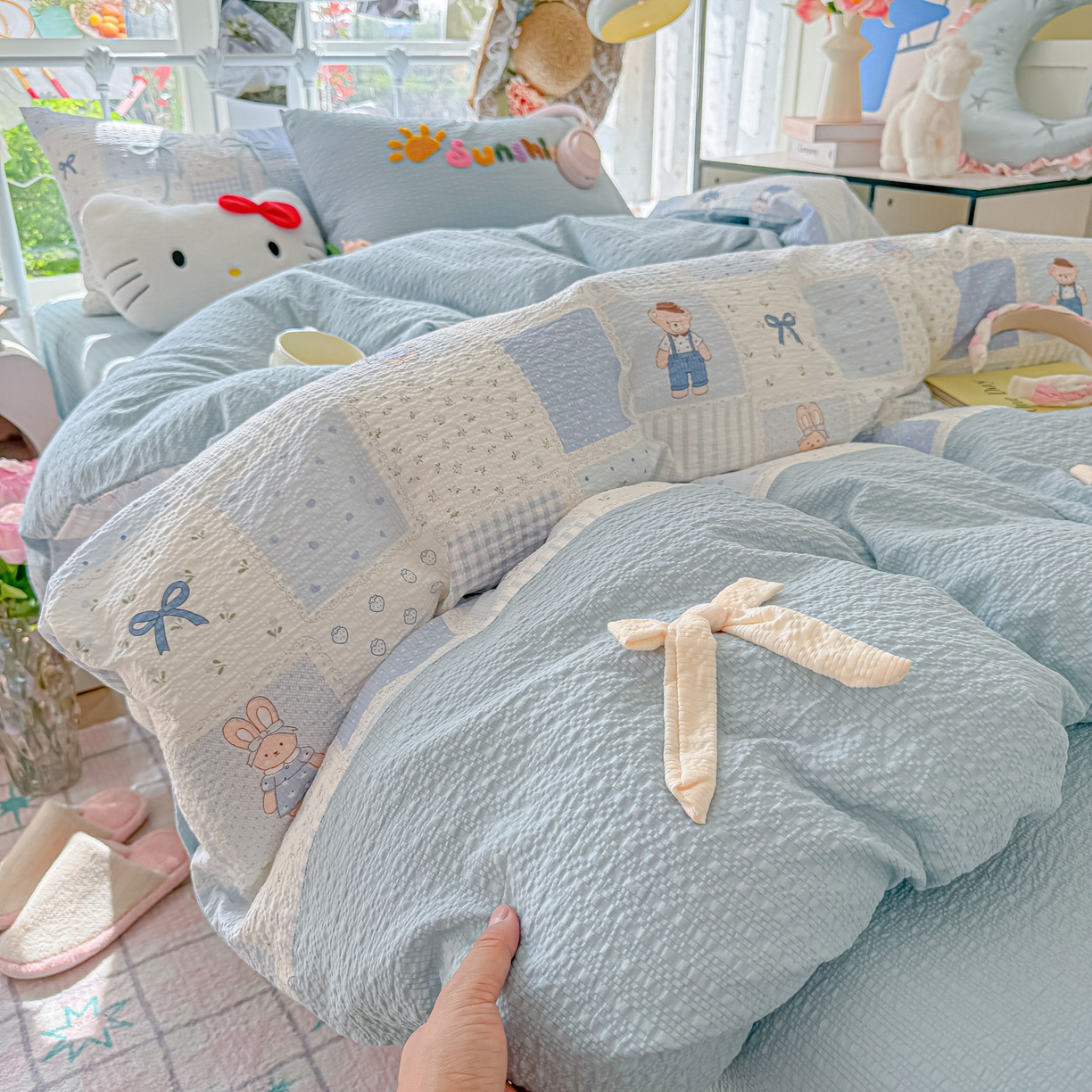 91家纺网 家纺一手货源 找家纺 （总）子钦家纺 2026春夏新款提花泡芙面热款手工蝴蝶结系列四件套