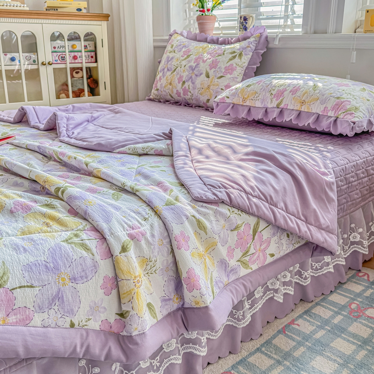 91家纺网 家纺一手货源 找家纺 雅眠居 2026直播爆款双层蕾丝花边夏被款床盖款四件套 AB版-盛夏