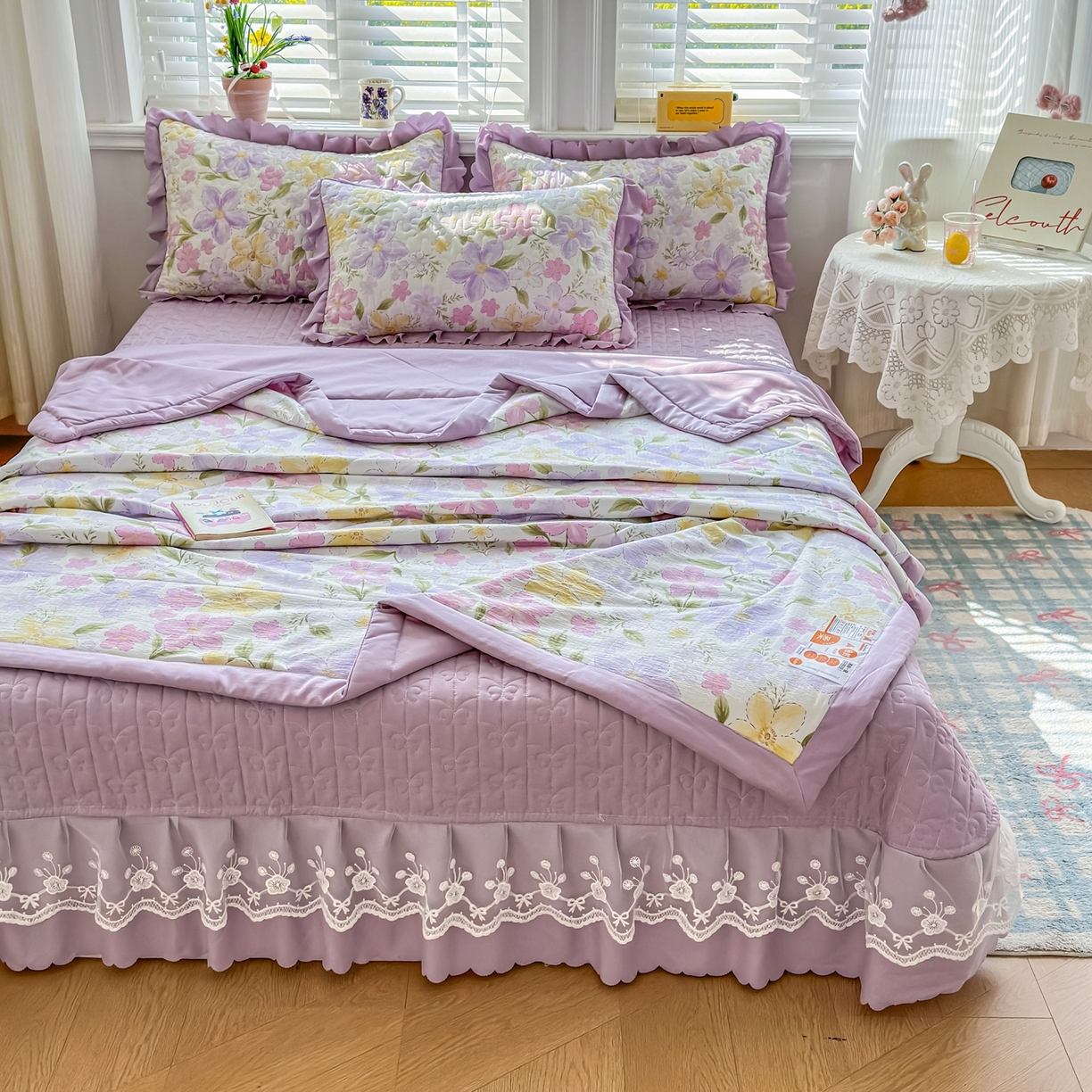 91家纺网 家纺一手货源 找家纺 雅眠居 2026直播爆款双层蕾丝花边夏被款床盖款四件套 AB版-盛夏