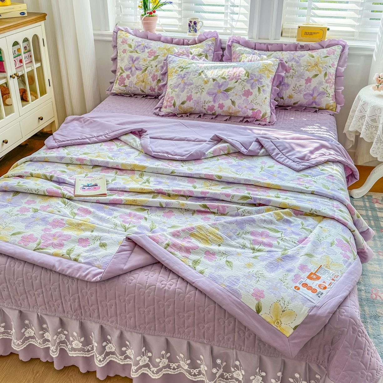 91家纺网 家纺一手货源 找家纺 雅眠居 2026直播爆款双层蕾丝花边夏被款床盖款四件套 AB版-盛夏