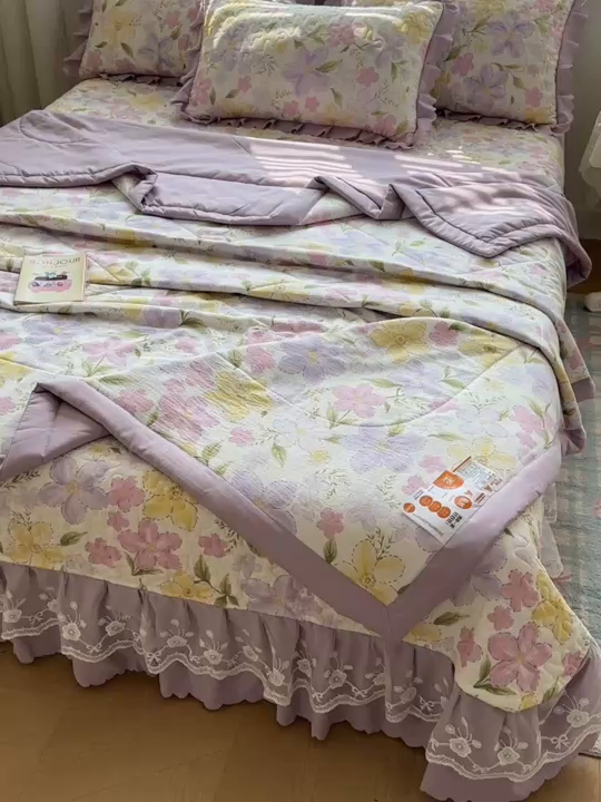 91家纺网 家纺一手货源 找家纺 雅眠居 2026直播爆款双层蕾丝花边夏被款床盖款四件套 AB版-盛夏