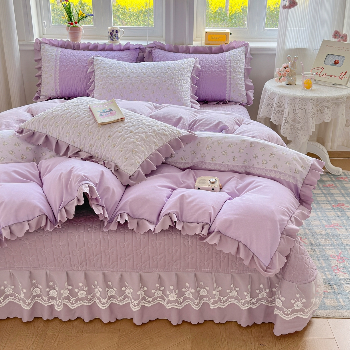 91家纺网 家纺一手货源 找家纺 雅眠居 2026直播爆款双层蕾丝花边夏被款床盖款四件套 AB版-秘境紫