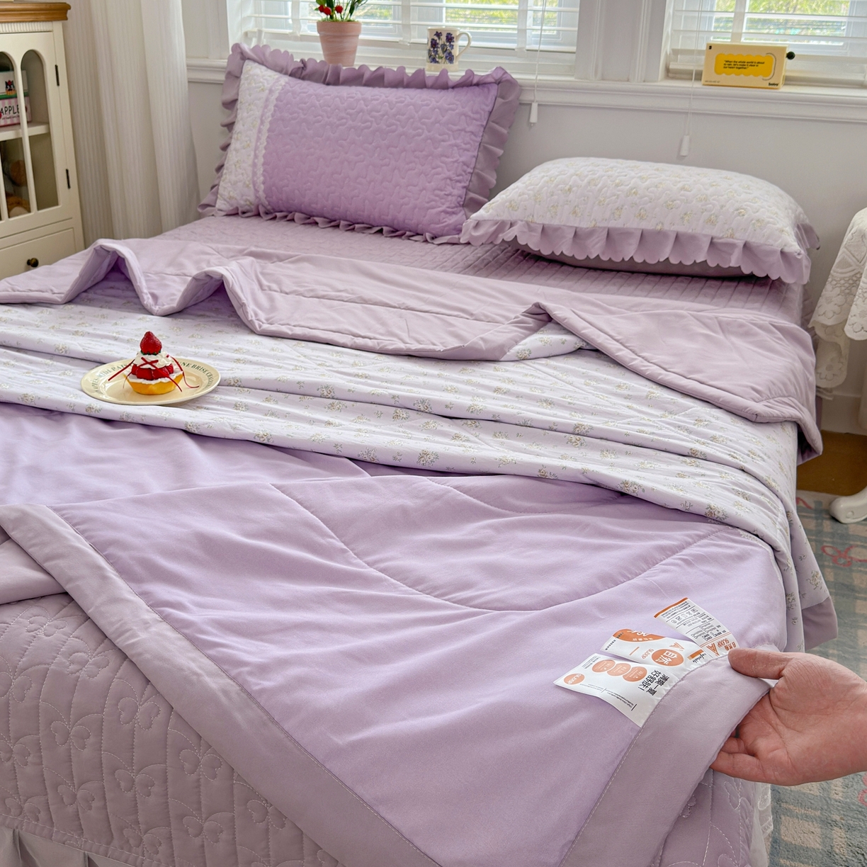 91家纺网 家纺一手货源 找家纺 雅眠居 2026直播爆款双层蕾丝花边夏被款床盖款四件套 AB版-秘境紫
