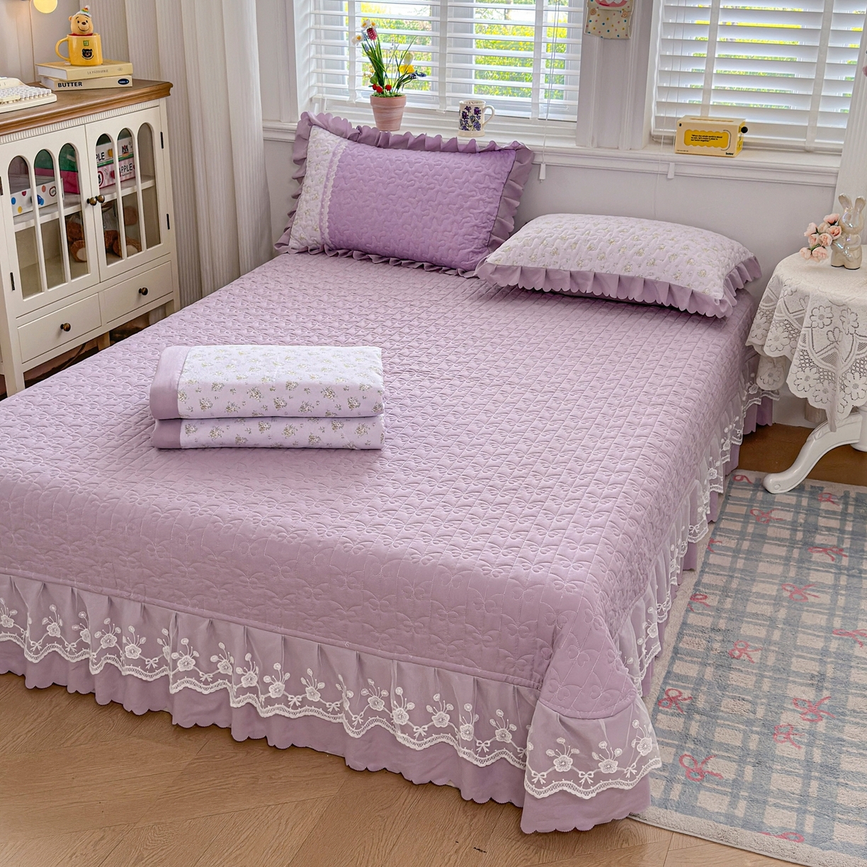 91家纺网 家纺一手货源 找家纺 雅眠居 2026直播爆款双层蕾丝花边夏被款床盖款四件套 AB版-秘境紫