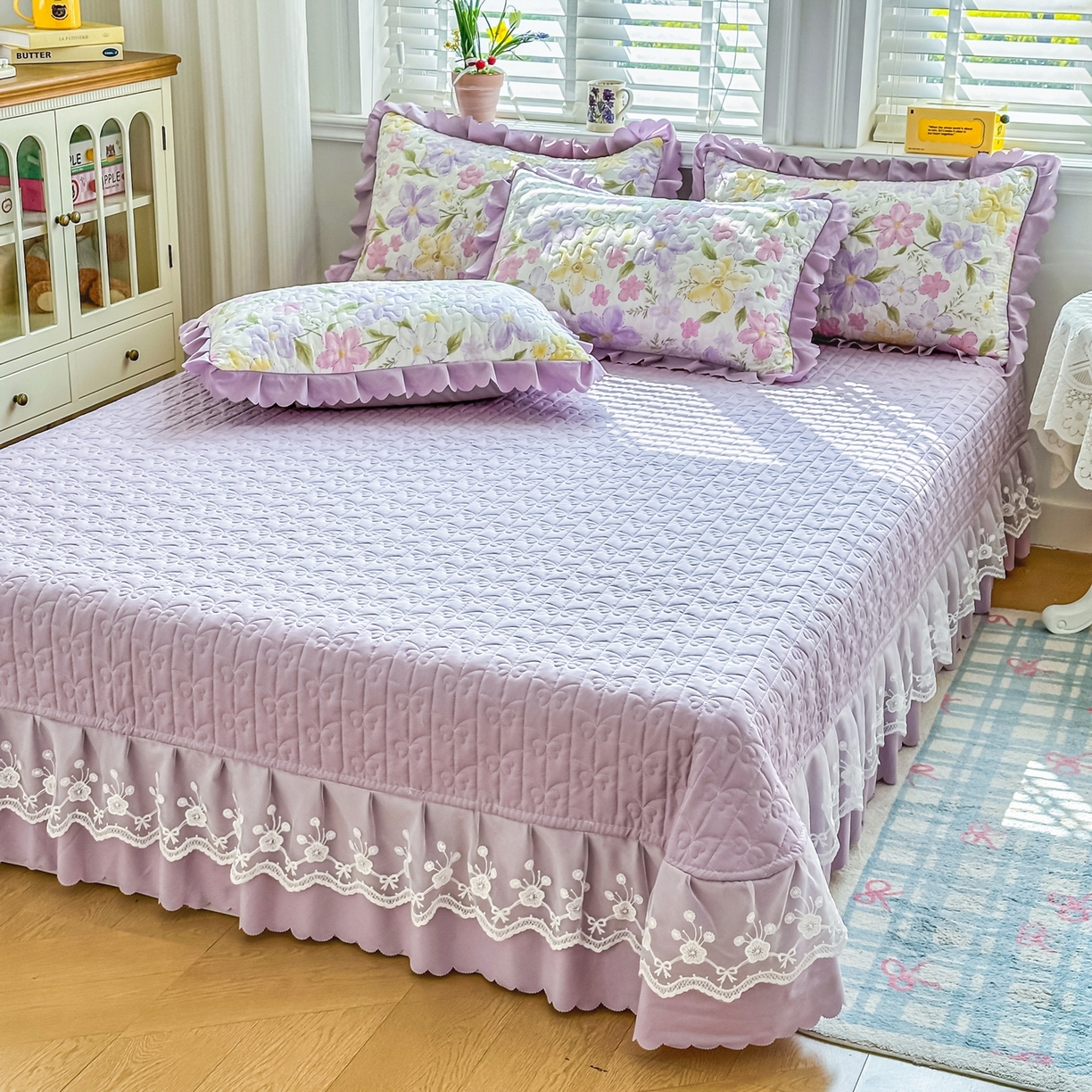 91家纺网 家纺一手货源 找家纺 雅眠居 2026直播爆款双层蕾丝花边夏被款床盖款四件套 AB版-盛夏