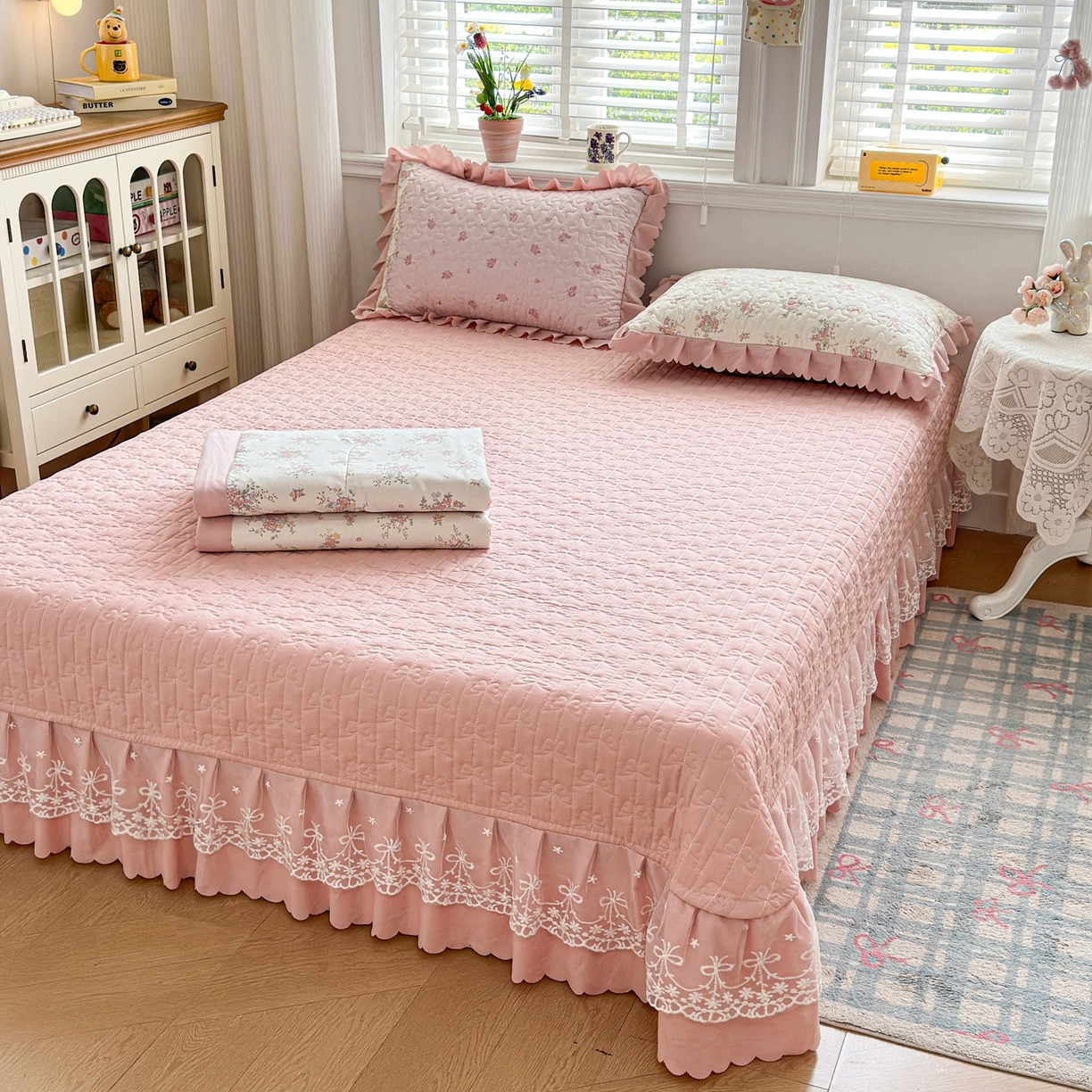 91家纺网 家纺一手货源 找家纺 雅眠居 2026直播爆款双层蕾丝花边夏被款床盖款四件套 AB版-诗意