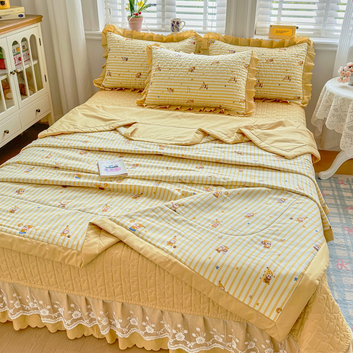 91家纺网 家纺一手货源 找家纺 雅眠居 2026直播爆款双层蕾丝花边夏被款床盖款四件套 AB版-小福星