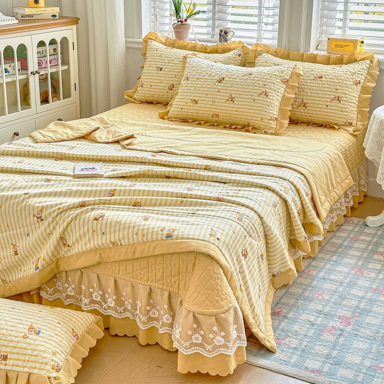 91家纺网 家纺一手货源 找家纺 雅眠居 2026直播爆款双层蕾丝花边夏被款床盖款四件套 AB版-小福星